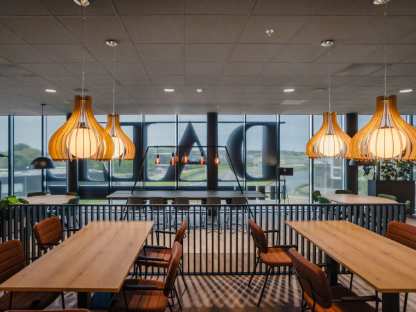 Sfeervolle ontmoetingsruimte bij DAEL met hanglampen en rolgordijnen voor de gevelramen met grote merkletters op het raam.